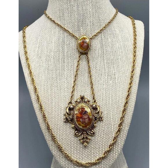 Jewelry - Renaissance Revival Couple Bolo Tie Gold Tone Pearl Double Strand Necklace Rare